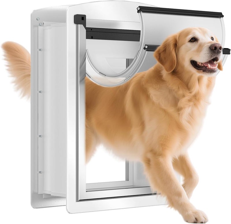 Decormax Dog Door for Wall, Steel Dog Door with Telescoping Tunnel, Weatherproof Pet Door with Two Sliding Lock Panels and Magnetic Flaps, Easy to Install, White, Large - Image 1